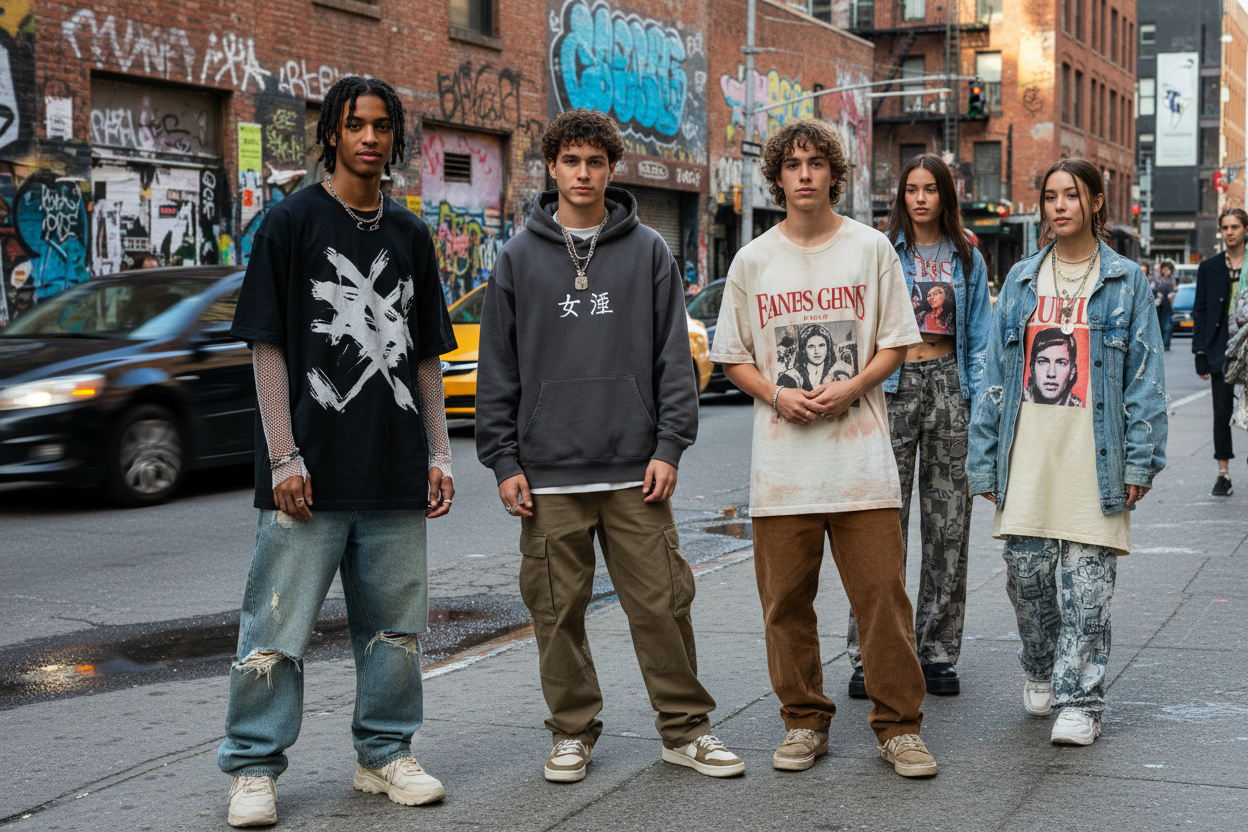 Street boys styling with tshirts and oversized and girls nearby